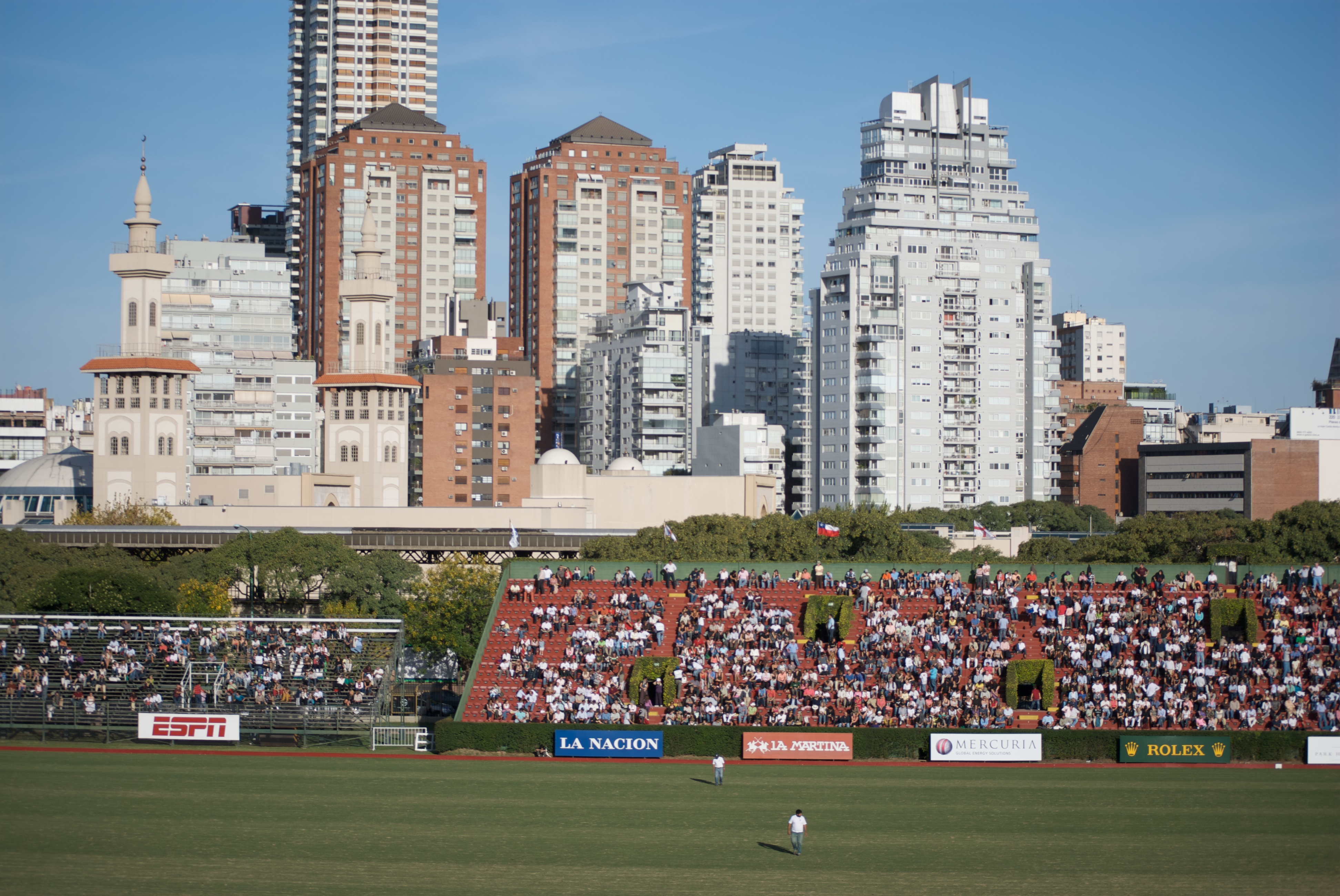 The Argentine Polo Grounds. Palermo, Buenos Aires. The twin Quartier Demaría towers (1996) are in the middle.